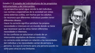 Estadio 2: El estadio del individualismo de los propósitos
instrumentales y del intercambio:
- La perspectiva social sigue siendo la del individuo.
- Las normas y expectativas de la sociedad son vistas
como externas a ellos, son hechas por los adultos.
- Se reconoce que diferentes individuos pueden tener
diferentes deseos.
- Hacer lo correcto significa satisfacer las propias
necesidades e intereses en un mundo donde se tiene
que reconocer que los otros tienen diferentes
necesidades e intereses.
- En los conflictos se solucionan a través de un
intercambio equitativo de bienes concretos.
- Lo correcto estás siempre en relación a las necesidades
del individuo y las necesidades varían de persona a
persona. (Lo que es correcto para una persona puede no
serlo para otra) es una limitante.
 