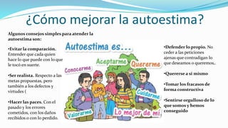 ¿Cómo mejorar la autoestima?
Algunos consejos simples para atender la
autoestima son:
•Evitar la comparación.
Entender que cada quien
hace lo que puede con lo que
le tocó en suerte.
•Ser realista. Respecto a las
metas propuestas, pero
también a los defectos y
virtudes (
•Hacer las paces. Con el
pasado y los errores
cometidos, con los daños
recibidos o con lo perdido.
•Defender lo propio. No
ceder a las peticiones
ajenas que contradigan lo
que deseamos o queremos,.
•Quererse a si mismo
•Tomar los fracasos de
forma constructiva
•Sentirse orgulloso de lo
que somos y hemos
conseguido
 