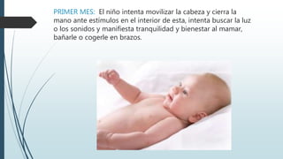 PRIMER MES: El niño intenta movilizar la cabeza y cierra la
mano ante estímulos en el interior de esta, intenta buscar la luz
o los sonidos y manifiesta tranquilidad y bienestar al mamar,
bañarle o cogerle en brazos.
 