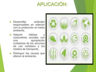 APLICACIÓN:
 Desarrollar actitudes
responsables en relación
con la protección al medio
ambiente.
 Adquirir hábitos y
costumbres acordes con
una apropiación
cuidadosa de los recursos
de uso cotidiano y los
medios de transporte.
 Distinguir las causas que
alteran al ambiente.
 