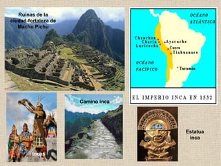 Ruinas de la ciudad-fortaleza de Machu Pichu Incas Camino inca Estatua inca 