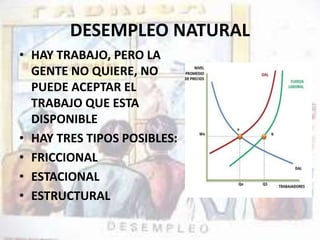 DESEMPLEO NATURAL 
• HAY TRABAJO, PERO LA 
GENTE NO QUIERE, NO 
PUEDE ACEPTAR EL 
TRABAJO QUE ESTA 
DISPONIBLE 
• HAY TRES TIPOS POSIBLES: 
• FRICCIONAL 
• ESTACIONAL 
• ESTRUCTURAL 
 