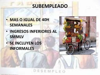 SUBEMPLEADO 
• MAS O IGUAL DE 40H 
SEMANALES 
• INGRESOS INFERIORES AL 
SMMLV 
• SE INCLUYEN LOS 
INFORMALES 
 