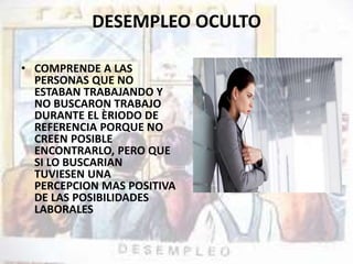 DESEMPLEO OCULTO 
• COMPRENDE A LAS 
PERSONAS QUE NO 
ESTABAN TRABAJANDO Y 
NO BUSCARON TRABAJO 
DURANTE EL ÈRIODO DE 
REFERENCIA PORQUE NO 
CREEN POSIBLE 
ENCONTRARLO, PERO QUE 
SI LO BUSCARIAN 
TUVIESEN UNA 
PERCEPCION MAS POSITIVA 
DE LAS POSIBILIDADES 
LABORALES 
 