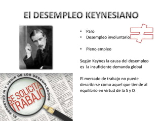 • Paro
• Desempleo involuntario

• Pleno empleo

Según Keynes la causa del desempleo
es la insuficiente demanda global

El mercado de trabajo no puede
describirse como aquel que tiende al
equilibrio en virtud de la S y D
 