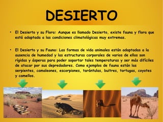 DESIERTO
●
El Desierto y su Flora: Aunque es llamado Desierto, existe fauna y flora que
está adaptada a las condiciones climatológicas muy extremas.
●
El Desierto y su Fauna: Las formas de vida animales están adaptadas a la
ausencia de humedad y las estructuras corporales de varios de ellos son
rígidas y ásperas para poder soportar tales temperaturas y ser más difíciles
de atacar por sus depredadores. Como ejemplos de fauna están las
serpientes, camaleones, escorpiones, tarántulas, buitres, tortugas, coyotes
y camellos.
 