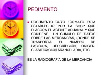 PEDIMENTO

   DOCUMENTO CUYO FORMATO ESTA
    ESTABLECIDO POR LA SHCP QUE
    ELABORA EL AGENTE ADUANAL Y QUE
    CONTIENE UN CUMULO DE DATOS
    SOBRE LAS MERCANCÍAS, (DONDE SE
    TRASPORTA,     EL  NUMERO       DE
    FACTURA, DESCRIPCIÓN, ORIGEN,
    CLASIFICACIÓN ARANCELARIA, ETC.

ES LA RADIOGRAFÍA DE LA MERCANCIA
 