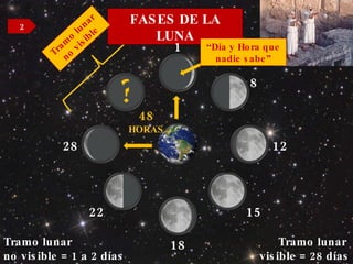 48  HORAS FASES DE LA LUNA ? 15 1 8 12 18 22 28 Tramo lunar  visible = 28 días Tramo lunar  no visible = 1 a 2 días 2 Tramo lunar no visible “ Día y Hora que nadie sabe” 