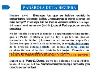 EL RELOJ PROFÉTICO COMIENZA A MARCAR EL TIEMPO PARÁBOLA DE LA HIGUERA Daniel 12:4  Pero tú, Daniel,  cierra las palabras y sella el libro hasta el tiempo del fin . Muchos correrán de aquí para allá, y la ciencia se aumentará. 1 Hechos 1:6-7  Entonces los que se habían reunido le preguntaron, diciendo: Señor, ¿restaurarás el reino a Israel en este tiempo? Y les dijo: No os toca a vosotros saber  el tiempo (chronos)  o  el   momento (kairós) ,   que el Padre puso en su sola potestad;  No les tocaba conocer el tiempo o experimentar el momento, que el Padre estableció por su ley o poder, no podían reconocer la fecha (chronos) o el momento específico (kairos) en que Israel sería restaurado, la medida del tiempo de la profecía estaba sellada, las ramas de Israel aún no estaban tiernas ni habían brotado las hojas. Conocían las señales, pero no podrían comenzar a calcular. 