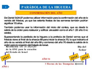 De Daniel 9:24-27 podemos utilizar información para la confirmación del año de la venida del Mesías, ya que las setenta fiestas de las semanas también podrían significar 70 años. También podemos usar la información del inicio del conteo, que es desde la salida de la orden para restaurar y edificar Jerusalén como el año 1 (El año 0 no existe). Superponiendo la parábola de la higuera a la profecía de Daniel vemos que el Mesías viene al final de la shavúa 69 para iniciar la shavúa 70, lo que indicaría el año de su venida al final del año 69 y comienzo del año 70 desde la salida de la orden para la creación del Estado de Israel. PARÁBOLA DE LA HIGUERA CONFIRMACIÓN DEL AÑO 1 AÑO 70 Resolución 181 el 29/11/47 de la ONU para la creación del Estado de Israel Día del Señor 1947 2010 7 Fiestas de las Trompetas 2016 AÑO 1 