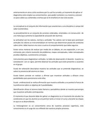 anteriormente en otros ciclos escolares por lo cual ha cursado y al momento de aplicar el
diagnostico este emplea sus conocimientos para poder contestar a su manera y conocer
un poco sobre sus contenidos o temas que se le enseñara en ese ciclo escolar.
La conceptual es el conjunto de información que caracterizan a una disciplina o campo del
saber (contenidos).
La procedimental es un conjunto de acciones ordenadas, orientadas a la consecución de
una meta (que aumenta la capacidad de actuación del alumno).
La actitudnal son los valores, normas y actitudes “los valores son la base para promover
actitudes los valores se instrumentalizan en normas que determinan pautas de conductas
sobre cómo debe hacerse una cosa o cual es el comportamiento que debe seguirse.
Existe varias maneras de evaluar por medio de un debate, en una exposición, o en una
entrevista, por criterio resolución de problemas, mapas conceptuales, redes conceptuales
pruebas objetivas, cuestionarios y ensayos.
Instrumentos para diagnosticar actitudes. La tabla de observación el docente muestra su
constatación con un signo, permite observar las actitudes que están presentes o ausentes
en el grupo.
Escala de valoración descriptiva muestra las actitudes que se pretende diagnosticar, se
valora la presencia del alumno en clase.
Escala lickert consiste en realizar y afirmar que muestran actitudes y ofrecen cinco
posibilidades para posicionarse ante ellas.
Escala unidireccional se realiza afirmación que muestra actitudes y se puntea la fuerza de
la preferencia sobre un objetivo de 5 posibilidades
Identificación ofrece al alumno texto literario y periodístico donde se muestra personajes
que muestran actitudes contrapuestas.
El momento el que docente debe de aplicar un diagnostico es el momento de estudiar las
condiciones en que los alumno se encuentran tanto al iniciar el curso y durante las etapas
en que se va desarrollando.
La metacognision es un conocimiento cerca de nuestros procesos cognitivos, este
conocimiento es el surge de una reflexión de nuestros propios procesos.
 