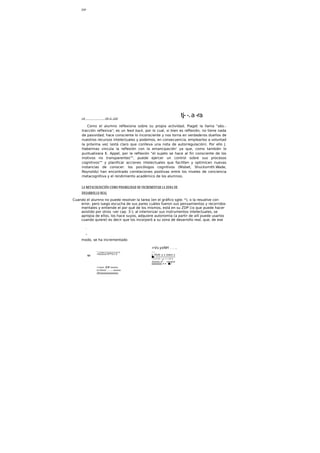 LA Oh U. ¿UU
Como el alumno reflexiona sobre su propia actividad, Piaget la llama "abs.-
tracción reflexiva"; es un feed back, por lo cual, si bien es reflexión, no tiene nada
de pasividad; hace consciente lo inconsciente y nos torna en verdaderos dueños de
nuestros recursos intelectuales y podemos, en consecuencia, emplearlos a voluntad
la próxima vez (está claro que conlleva una nota de autorregulación). Por ello J.
Habermas vincula la reflexión con la emancipación' ya que, como también lo
puntualizara K. Appel, por la reflexión "el sujeto se hace al fin consciente de los
motivos no transparentes"", puede ejercer un control sobre sus procesos
cognitivos"" y planificar acciones intelectuales que faciliten y optimicen nuevas
instancias de conocer: los psicólogos cognitivos (Nlsbet, Shucksmith.Wade,
Reynolds) han encontrado correlaciones positivas entre los niveles de conciencia
metacognltiva y el rendimiento académico de los alumnos.
LA METACOGNICIÓN COMO POSIBILIDAD DE INCREMENTAR LA ZONA DE
DESARROLLO REAL
Cuando el alumno no puede resolver la tarea (en el gráfico sgte. *), o la resuelve con
error, pero luego escucha de sus pares cuáles fueron sus pensamientos y recorridos
mentales y entiende el por qué de los mismos, está en su ZDP (¡o que puede hacer
asistido por otros -ver cap. 3-); al interiorizar sus instrumentos intelectuales, se
apropia de ellos, los hace suyos, adquiere autonomía (a partir de allí puede usarlos
cuando quiere) es decir que los incorporó a su zona de desarrollo real, que, de ese
modo, se ha incrementado
tj--.a-ra
.
NPNPZOP
P
>Vv.yxNH . . ..
...
x ?Svfc x x xiwrx x
■/. X X X X X X H X X X X X
: N X X X X 7rip T I C X X X
:kxxxx.x* «xxxxx
xxxxxxx x x ■ /
NR
" ¡ X N X X X X X X X X X X
•txxxvv M**X>:S
•¡xxx; ZDP xxxxx
iv-Hxxx' .......xxxxx
cfcxxxxxxxxxxxv.
 