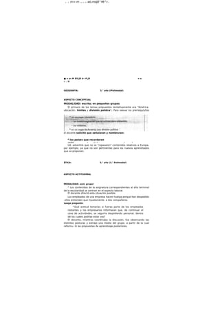 a - - ö m>-m r a - G ^ B wL-msijß^Mi^rj *
■ n as M ES.JD d—P JX n o
ti- . tí
GEOGRAFÍA: 3.° año (IPolimodal)
ASPECTO CONCEPTUAL
MODALIDAD: escrita; en pequeños grupos
El primero de los temas propuestos tentativamente era "América:
ubicación. límites y división polídca". Para relevar los prerrequ/s/tos
el docente solicitó que señalaran y nombraran:
* los países que recordaran
uVuWíf. • , f. i "i. ' • •
Ud. advertirá que no se "repasaron" contenidos relativos a Europa,
por ejemplo, ya que no son pertinentes para los nuevos aprendlza|es
que se proponen.
ÉTICA: 5.° año (3.° Polimodal)
ASPECTO ACTITUDIÑAL
MODALIDAD: oral; grupa!
* Los contenidos de la asignatura correspondientes al año terminal
de la escolaridad se centran en el aspecto laboral.
El docente ofreció esta situación posible:
Los empleados de una empresa hacen huelga porque han despedido
-ellos entienden que Injustamente- a dos compañeros.
Luego preguntó:
^Qué actitud tomarías si fueras parte de los empleados
restantes y los empresarios Informaran que, de continuar el
cese de actividades, se seguirla despidiendo personal, dentro
de los cuales podrías estar vos?
El docente, mientras coordinaba la discusión, fue observando las
distintas posturas y extrajo una media del grupo, a partir de la cual
reformu- íó las propuestas de aprendizaje posteriores.
 