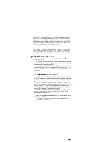conocimiento, definiéndolos como "la representación que posee una
persona en un momento determinado de su historia sobre una
parcela de la realidad"' , vale decir que son escructuras
organizativas que vinculan distintos elementos en una unidad
conceptual; M. Marín se refiere a los esquemas como "redes" en las
cuales están almacenados nuestros conocimientos.'
' Coli. C„ Pilados. J. y Marchesi,A., Desarrollo psicotójlca y educación, II. Psicología de la
educación. Madrid, Aliami. 1990. Ver cambian: Doc. de trabo/o N.' I, EG&, AauaSzación
curricular, Secretaria de Educación. Municipalidad de Buenos Aires. Estos conocimientos previos
son los que F. Smith, en el campo exclusivo de la Lengua, denomina "Información no visual".
' Coli. C.(ed.) Psicoíojfa jenitico y aprendizajes «ce/ores, Madrid. Siglo XXI, 1983. " Conferencia del 13
de mano de 1997,
JSL ULJH si»*mmja. m.n
i ...........'j ...........i * . . ■
C¿ Aa^&íIUa i* d aaJj.
De acuerdo con esa concepción constructivista siempre existen
conoci- m.encos previos respecto del nuevo contenido que
intentamos que el alumno construya.
S. se acepta esta premisa, ci problema no es si existen
conocimientos sino ¿cuál es su estado? ya que, reafirmando a Coll
se pronuncia Norman en el sentido de que "condicionan nueva
información".'
LOS ESaUEMAS DE CONOCIMIENTO
Están formados por la gran variedad de tipos de conocimientos
de los que habla Coll: conceptos, procedimientos, normas, valores y
actitudes, principios, teorías, experiencias, anécdotas personales,
etc.
El alumnado al iniciar todo proceso de enseñanza - aprendizaje
cuenta . con esa gran variedad de esquemas de conocimiento. Pero, los
distintos alumnos y alumnas presentan diferencias respecto de la
cantidad, pertinencia, organización y coherencia de esos esquemas en
relación con la realidad a la que hacen referencia.
Como dice Ausubel,"el factor más importante que influye en el
aprendí- — zaje es lo que el alumno ya sabe. Averigüese esto y
enséñese en conseeuen- cia".'°
¿Cómo se puede proceder para intentar ser consecuentes con lo
que plantea Ausubel?
*Explorar el contenido sobre el que se centrará el proceso
de enseñanza - aprendizaje.
w
 