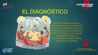 EL DIAGNÓSTICO
PROGRAMA NACIONAL
DE FORMACION EN ADMINISTRACIÓN
Identificar el objeto de estudio, el
Diagnostico situacional, la Justificación y
la Vinculación del Proyecto con el Plan
de Desarrollo Económico y Social de la
Nación, Vinculación con las Líneas de
Investigación del PNF y la
Transversalidad con el Eje Proyecto,
Socio Critico y Profesional.
 