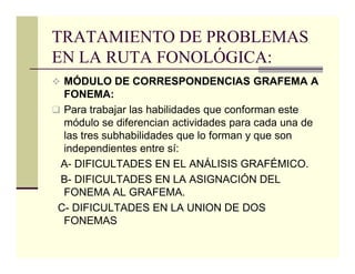 TRATAMIENTO DE PROBLEMAS
EN LA RUTA FONOLÓGICA:
 MÓDULO DE CORRESPONDENCIAS GRAFEMA A
 FONEMA:
 Para trabajar las habilidades que conforman este
 módulo se diferencian actividades para cada una de
 las tres subhabilidades que lo forman y que son
 independientes entre sí:
A- DIFICULTADES EN EL ANÁLISIS GRAFÉMICO.
B- DIFICULTADES EN LA ASIGNACIÓN DEL
 FONEMA AL GRAFEMA.
C- DIFICULTADES EN LA UNION DE DOS
 FONEMAS
 