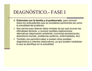 DIAGNÓSTICO.- FASE I
 Entrevista con la familia y el profesorado, para conocer
 todos los antecedentes que se consideren pertinentes así como
 la actualidad del problema.
 Nos servirá para obtener ideas iniciales de por qué ocurren las
 dificultades lectoras, o conocer posibles explicaciones
 alternativas (deprivación ambiental, incorrecta escolarización,
 absentismo escolar, problemas auditivos, enfermedades, etc)
 También nos permitirá saber si existen otros posibles
 diagnósticos e intentos reeducativos, ya que pueden mediatizar
 lo que se planifique en la actualidad.
 