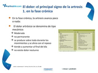 El dolor: el principal signo de la artrosis
1. en la fase crónica
 En la fase crónica, la artrosis avanza poco
o nada:
 El dolor artrósico se denomina de tipo
mecánico:
 Moderado
 no permanente
 se produce sobre todo durante los
movimientos y se alivia con el reposo
 tiende a aumentar al final del día
 no existe dolor nocturno
5 Sellam J et Berenbaum F. Arthrose. Rev Prat. 2011; 61: 675-686
 