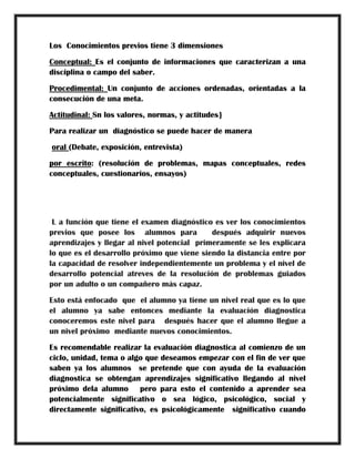 Los Conocimientos previos tiene 3 dimensiones
Conceptual: Es el conjunto de informaciones que caracterizan a una
disciplina o campo del saber.
Procedimental: Un conjunto de acciones ordenadas, orientadas a la
consecución de una meta.
Actitudinal: Sn los valores, normas, y actitudes}
Para realizar un diagnóstico se puede hacer de manera
oral (Debate, exposición, entrevista)
por escrito: (resolución de problemas, mapas conceptuales, redes
conceptuales, cuestionarios, ensayos)
L a función que tiene el examen diagnóstico es ver los conocimientos
previos que posee los alumnos para después adquirir nuevos
aprendizajes y llegar al nivel potencial primeramente se les explicara
lo que es el desarrollo próximo que viene siendo la distancia entre por
la capacidad de resolver independientemente un problema y el nivel de
desarrollo potencial atreves de la resolución de problemas guiados
por un adulto o un compañero más capaz.
Esto está enfocado que el alumno ya tiene un nivel real que es lo que
el alumno ya sabe entonces mediante la evaluación diagnostica
conoceremos este nivel para después hacer que el alumno llegue a
un nivel próximo mediante nuevos conocimientos.
Es recomendable realizar la evaluación diagnostica al comienzo de un
ciclo, unidad, tema o algo que deseamos empezar con el fin de ver que
saben ya los alumnos se pretende que con ayuda de la evaluación
diagnostica se obtengan aprendizajes significativo llegando al nivel
próximo dela alumno pero para esto el contenido a aprender sea
potencialmente significativo o sea lógico, psicológico, social y
directamente significativo, es psicológicamente significativo cuando
 