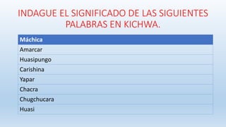 INDAGUE EL SIGNIFICADO DE LAS SIGUIENTES
PALABRAS EN KICHWA.
Máchica
Amarcar
Huasipungo
Carishina
Yapar
Chacra
Chugchucara
Huasi
 