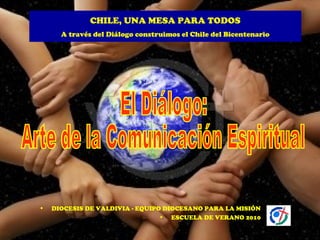 CHILE, UNA MESA PARA TODOS
      A través del Diálogo construimos el Chile del Bicentenario




•   DIOCESIS DE VALDIVIA - EQUIPO DIOCESANO PARA LA MISIÓN
                                 • ESCUELA DE VERANO 2010
 