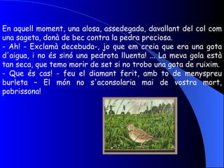 En aquell moment, una alosa, assedegada, davallant del col com una sageta, donà de bec contra la pedra preciosa. - Ah! - Exclamà decebuda-, jo que em creia que era una gota d'aigua, i no és sinó una pedrota lluenta! ... La meva gola està tan seca, que temo morir de set si no trobo una gota de ruixim. - Que és cas! - feu el diamant ferit, amb to de menyspreu burleta – El món no s'aconsolaria mai de vostra mort, pobrissona! 
