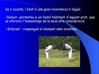 Se li acostà, i fent-li una gran reverència li digué: Senyor, permeteu a un humil habitant d'aquest prat, que us ofereixi l'homenatge de la seva alta consideració. - Gràcies! - respongué el diamant amb eixutesa. 
