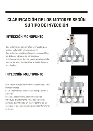CLASIFICACIÓN DE LOS MOTORES SEGÚN
SU TIPO DE INYECCIÓN
Este sistema tan solo emplea un inyector para
realizar su función en un automóvil.
Este sistema consiste en llevar el combustible a
las distintas cámaras de combustión
simultáneamente, de esta manera realizando la
mezcla de aire y combustible antes de llegar a
los cilindros.
INYECCIÓN MONOPUNTO
Este sistema inyecta el combustible en cada uno
de los cilindros.
Es un sistema más eficiente, en comparación al
anterior.
Gracias a este sistema, el combustible se
introduce directamente en cada uno de los
cilindros, permitiendo un mayor control de las
cantidades que se emplean para hacer funcionar
el motor.
INYECCIÓN MULTIPUNTO
 