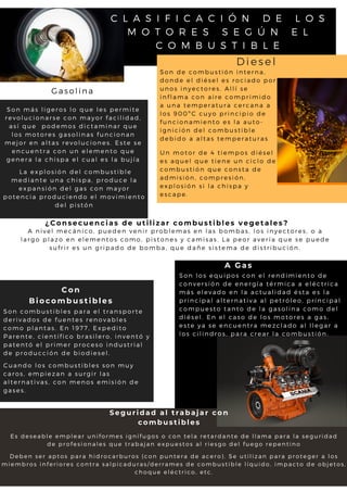C L A S I F I C A C I Ó N D E L O S
M O T O R E S S E G Ú N E L
C O M B U S T I B L E
Seguridad al trabajar con
combustibles
Gasolina
S o n m á s l i g e r o s l o q u e l e s p e r m i t e
r e v o l u c i o n a r s e c o n m a y o r f a c i l i d a d ,
a s í q u e p o d e m o s d i c t a m i n a r q u e
l o s m o t o r e s g a s o l i n a s f u n c i o n a n
m e j o r e n a l t a s r e v o l u c i o n e s . E s t e s e
e n c u e n t r a c o n u n e l e m e n t o q u e
g e n e r a l a c h i s p a e l c u a l e s l a b u j í a
Diesel
S o n d e c o m b u s t i ó n i n t e r n a ,
d o n d e e l d i é s e l e s r o c i a d o p o r
u n o s i n y e c t o r e s . A l l í s e
i n f l a m a c o n a i r e c o m p r i m i d o
a u n a t e m p e r a t u r a c e r c a n a a
l o s 9 0 0 º C c u y o p r i n c i p i o d e
f u n c i o n a m i e n t o e s l a a u t o -
i g n i c i ó n d e l c o m b u s t i b l e
d e b i d o a a l t a s t e m p e r a t u r a s
C u a n d o l o s c o m b u s t i b l e s s o n m u y
c a r o s , e m p i e z a n a s u r g i r l a s
a l t e r n a t i v a s , c o n m e n o s e m i s i ó n d e
g a s e s .
A Gas
¿ C o n s e c u e n c i a s d e u t i l i z a r c o m b u s t i b l e s v e g e t a l e s?
A n i v e l m e c á n i c o , p u e d e n v e n i r p r o b l e m a s e n l a s b o m b a s , l o s i n y e c t o r e s , o a
l a r g o p l a z o e n e l e m e n t o s c o m o , p i s t o n e s y c a m i s a s . L a p e o r a v e r í a q u e s e p u e d e
s u f r i r e s u n g r i p a d o d e b o m b a , q u e d a ñ e s i s t e m a d e d i s t r i b u c i ó n .
L a e x p l o s i ó n d e l c o m b u s t i b l e
m e d i a n t e u n a c h i s p a , p r o d u c e l a
e x p a n s i ó n d e l g a s c o n m a y o r
p o t e n c i a p r o d u c i e n d o e l m o v i m i e n t o
d e l p i s t ó n
S o n c o m b u s t i b l e s p a r a e l t r a n s p o r t e
d e r i v a d o s d e f u e n t e s r e n o v a b l e s
c o m o p l a n t a s . E n 1 9 7 7 , E x p e d i t o
P a r e n t e , c i e n t í f i c o b r a s i l e r o , i n v e n t ó y
p a t e n t ó e l p r i m e r p r o c e s o i n d u s t r i a l
d e p r o d u c c i ó n d e b i o d i e s e l .
S o n l o s e q u i p o s c o n e l r e n d i m i e n t o d e
c o n v e r s i ó n d e e n e r g í a t é r m i c a a e l é c t r i c a
m á s e l e v a d o e n l a a c t u a l i d a d é s t a e s l a
p r i n c i p a l a l t e r n a t i v a a l p e t r ó l e o , p r i n c i p a l
c o m p u e s t o t a n t o d e l a g a s o l i n a c o m o d e l
d i é s e l . E n e l c a s o d e l o s m o t o r e s a g a s ,
e s t e y a s e e n c u e n t r a m e z c l a d o a l l l e g a r a
l o s c i l i n d r o s , p a r a c r e a r l a c o m b u s t i ó n .
U n m o t o r d e 4 t i e m p o s d i é s e l
e s a q u e l q u e t i e n e u n c i c l o d e
c o m b u s t i ó n q u e c o n s t a d e
a d m i s i ó n , c o m p r e s i ó n ,
e x p l o s i ó n s i l a c h i s p a y
e s c a p e .
Es deseable emplear uniformes ignífugos o con tela retardante de llama para la seguridad
de profesionales que trabajan expuestos al riesgo del fuego repentino
Deben ser aptos para hidrocarburos (con puntera de acero). Se utilizan para proteger a los
miembros inferiores contra salpicaduras/derrames de combustible líquido, impacto de objetos,
choque eléctrico, etc.
Con
Biocombustibles
 