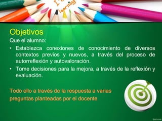 Objetivos
Que el alumno:
• Establezca conexiones de conocimiento de diversos
contextos previos y nuevos, a través del proceso de
autorreflexión y autovaloración.
• Tome decisiones para la mejora, a través de la reflexión y
evaluación.
Todo ello a través de la respuesta a varias
preguntas planteadas por el docente
 