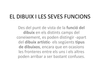 EL DIBUIX I LES SEVES FUNCIONS
Des del punt de vista de la funció del
dibuix en els distints camps del
coneixement, es poden distingir -apart
del dibuix artístic- els següents tipus
de dibuixos, encara que en ocasions
les fronteres entre els uns i els altres
poden arribar a ser bastant confuses.
 