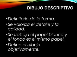 DIBUJO DESCRIPTIVODIBUJO DESCRIPTIVO
•Definitorio de la forma.
•Se valoriza el detalle y la
calidad.
•Se trabaja el papel blanco y
el fondo es el mismo papel.
•Define el dibujo
objetivamente.
 