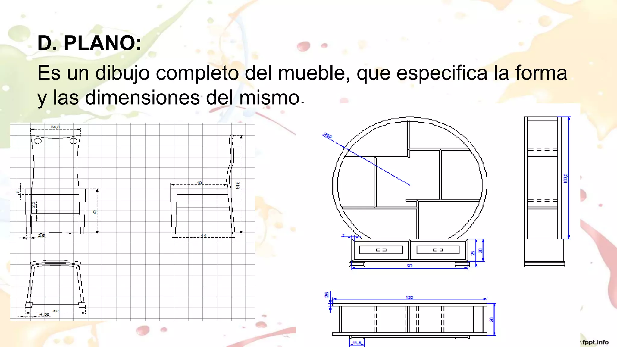 D. PLANO:
Es un dibujo completo del mueble, que especifica la forma
y las dimensiones del mismo.