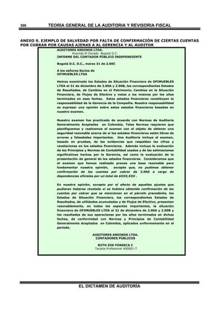 TEORÍA GENERAL DE LA AUDITORIA Y REVISORÍA FISCAL
EL DICTAMEN DE AUDITORÍA
306
ANEXO 9. EJEMPLO DE SALVEDAD POR FALTA DE CONFIRMACIÓN DE CIERTAS CUENTAS
POR COBRAR POR CAUSAS AJENAS A AL GERENCIA Y AL AUDITOR
AUDITORES ANDINOS LTDA.
Avenida El Dorado Bogotá D.C.
INFORME DEL CONTADOR PÚBLICO INDEPENDIENTE
Bogotá D.C. D.C., marzo 31 de 2.00C
A los señores Socios de
OFIMUEBLES LTDA
Hemos examinado los Estados de Situación Financiera de OFIMUEBLES
LTDA al 31 de diciembre de 2.00A y 2.00B, los correspondientes Estados
de Resultados, de Cambios en el Patrimonio, Cambios en la Situación
Financiera, de Flujos de Efectivo y notas a los mismos por los años
terminados en esas fechas. Estos estados financieros constituyen la
responsabilidad de la Gerencia de la Compañía. Nuestra responsabilidad
es expresar una opinión sobre estos estados financieros basados en
nuestro examen.
Nuestro examen fue practicado de acuerdo con Normas de Auditoría
Generalmente Aceptadas en Colombia. Tales Normas requieren que
planifiquemos y realicemos el examen con el objeto de obtener una
seguridad razonable acerca de si los estados financieros están libres de
errores y falsedades importantes. Una Auditoría incluye el examen,
basado en pruebas, de las evidencias que respaldan las cifras y
revelaciones en los estados financieros. Además incluye la evaluación
de los Principios y Normas de Contabilidad usados y de las estimaciones
significativas hechas por la Gerencia, así como la evaluación de la
presentación de general de los estados financieros. Consideramos que
el examen que hemos realizado provee una base razonable para
fundamentar nuestra opinión, excepto que, no pudimos obtener
confirmación de las cuentas por cobrar de 2.00A a cargo de
dependencias oficiales por un total de $XXX,XXX .
En nuestra opinión, excepto por el efecto de aquellos ajustes que
pudieran haberse revelado si se hubiera obtenido confirmación de las
cuentas por cobrar que se mencionan en el párrafo precedente, los
Estados de Situación Financiera, los correspondientes Estados de
Resultados, de utilidades acumuladas y de Flujos de Efectivo, presentan
razonablemente, en todos los aspectos importantes, la situación
financiera de OFIMUEBLES LTDA al 31 de diciembre de 2.00A y 2.00B y
los resultados de sus operaciones por los años terminados en dichas
fechas, de conformidad con Normas y Principios de Contabilidad
Generalmente Aceptados en Colombia, aplicados uniformemente en el
período.
AUDITORES ANDINOS LTDA.
CONTADORES PÚBLICOS
RUTH ZOE FONSECA C
Tarjeta Profesional 400001-T
 