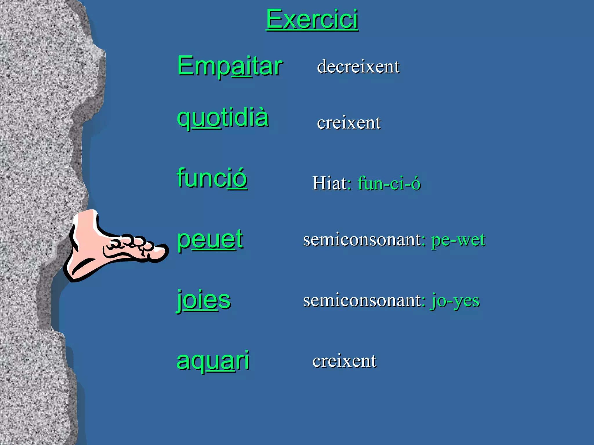 Exercici Emp ai tar q uo tidià func ió p eue t j oie s aq ua ri decreixent creixent Hiat : fun-ci-ó semiconsonant : pe-wet semiconsonant : jo-yes creixent 