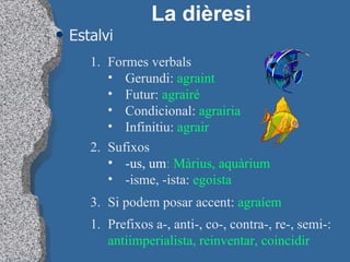 Estalvi La dièresi Formes verbals  Gerundi:  agraint Futur:  agrairé Condicional:  agrairia Infinitiu:  agrair 2. Sufixos -us, um : Màrius, aquàrium -isme, -ista:  egoista 3. Si podem posar accent:  agraíem Prefixos a-, anti-, co-, contra-, re-, semi-:  antiimperialista, reinventar, coincidir 