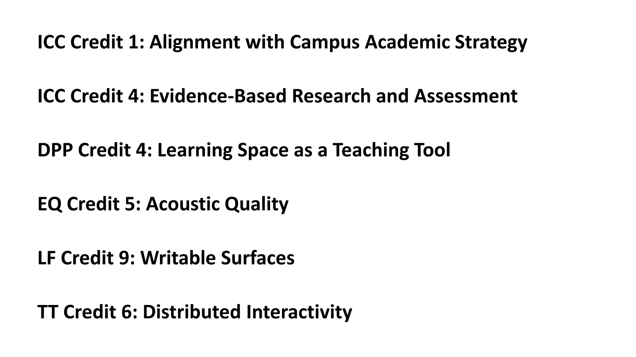 ICC Credit 1: Alignment with Campus Academic Strategy
ICC Credit 4: Evidence-Based Research and Assessment
DPP Credit 4: Learning Space as a Teaching Tool
EQ Credit 5: Acoustic Quality
LF Credit 9: Writable Surfaces
TT Credit 6: Distributed Interactivity
 