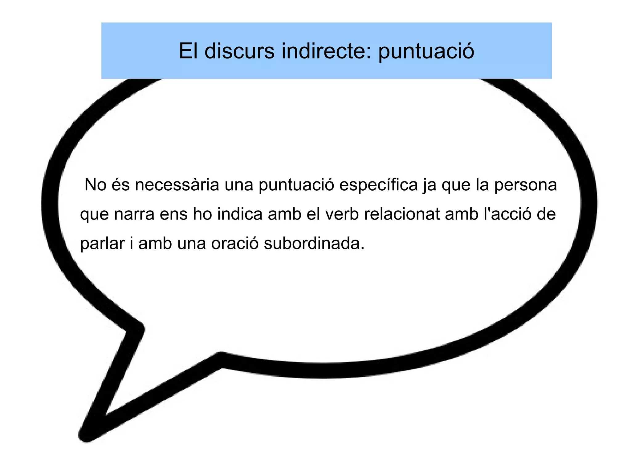 El discurs indirecte: puntuació




No és necessària una puntuació específica ja que la persona
que narra ens ho indica amb el verb relacionat amb l'acció de
parlar i amb una oració subordinada.
 