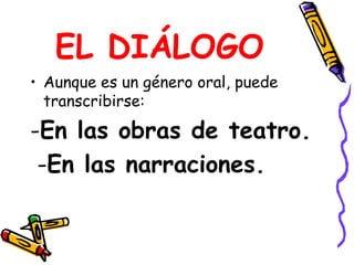 EL DIÁLOGOAunque es un género oral, puede transcribirse:-En las obras de teatro. -En las narraciones.