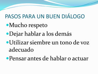 PASOS PARA UN BUEN DIÁLOGO
Mucho respeto
Dejar hablar a los demás
Utilizar siembre un tono de voz
adecuado
Pensar antes de hablar o actuar

 