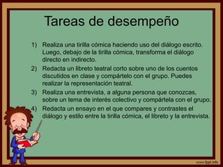 Tareas de desempeño 
1) Realiza una tirilla cómica haciendo uso del diálogo escrito. 
Luego, debajo de la tirilla cómica, transforma el diálogo 
directo en indirecto. 
2) Redacta un libreto teatral corto sobre uno de los cuentos 
discutidos en clase y compártelo con el grupo. Puedes 
realizar la representación teatral. 
3) Realiza una entrevista, a alguna persona que conozcas, 
sobre un tema de interés colectivo y compártela con el grupo. 
4) Redacta un ensayo en el que compares y contrastes el 
diálogo y estilo entre la tirilla cómica, el libreto y la entrevista. 
 