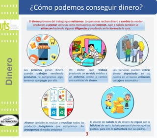 3
¿Cómo podemos conseguir dinero?
El dinero proviene del trabajo que realizamos. Las personas reciben dinero a cambio de vender
productos o prestar servicios como mensajero o por internet. Juan e Isabela también se
esfuerzan haciendo algunas diligencias y ayudando en las tareas de la casa.
Las personas ganan dinero
cuando trabajan vendiendo
productos. Si compramos algo,
tenemos que pagar por ello.
Un doctor que trabaja
prestando un servicio médico a
un enfermo, recibe a cambio
una cantidad de dinero.
Las personas pueden retirar
dinero depositado en su
cuenta en el banco utilizando
un cajero automático
Dinero
Ahorrar también es reciclar o reutilizar todos los
productos inorgánicos que compramos. Así
protegemos el medio ambiente
El abuelo de Isabela le da dinero de regalo por la
felicidad de verla. Isabela pensará bien en qué los
gastará, para ello lo comentará con sus padres.
 