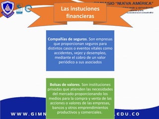 Las instuciones
financieras
Compañías de seguros. Son empresas
que proporcionan seguros para
distintos casos o eventos vitales como
accidentes, vejez y desempleo,
mediante el cobro de un valor
periódico a sus asociados
Bolsas de valores. Son instituciones
privadas que atienden las necesidades
del mercado proporcionando los
medios para la compra y venta de las
acciones o valores de las empresas,
bancos y otros emprendimientos
productivos y comerciales.
 