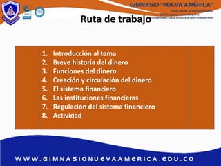 Ruta de trabajo
1. Introducción al tema
2. Breve historia del dinero
3. Funciones del dinero
4. Creación y circulación del dinero
5. El sistema financiero
6. Las instituciones financieras
7. Regulación del sistema financiero
8. Actividad
 
