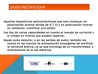 DIODO RECTIFICADORDIODO RECTIFICADOR
Aquellos dispositivos semiconductores que solo conducen en
polarización directa (arriba de 0.7 V) y en polarización inversa
no conducen. (rectificar una señal).
Los hay de varias capacidades en cuanto al manejo de corriente y
el voltaje en inverso que pueden soportar.
Usado como detector, o en las salidas de audio; también los
vemos en las fuentes de alimentación encargados de rectificar
la corriente alterna, ya se que provenga de un transformador o
directamente de la red eléctrica.
 