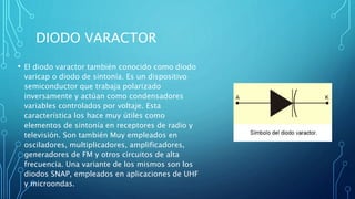 DIODO VARACTOR 
• El diodo varactor también conocido como diodo 
varicap o diodo de sintonía. Es un dispositivo 
semiconductor que trabaja polarizado 
inversamente y actúan como condensadores 
variables controlados por voltaje. Esta 
característica los hace muy útiles como 
elementos de sintonía en receptores de radio y 
televisión. Son también Muy empleados en 
osciladores, multiplicadores, amplificadores, 
generadores de FM y otros circuitos de alta 
frecuencia. Una variante de los mismos son los 
diodos SNAP, empleados en aplicaciones de UHF 
y microondas. 
 