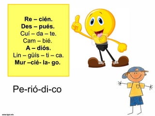 Pe-rió-di-co
Re – cRe – ciéién.n.
Des – pDes – puéués.s.
CCuíuí – da – te.– da – te.
Cam – bié.
A – dA – dióiós.s.
Lin – gLin – güíüís – ti – ca.s – ti – ca.
Mur –cié- la- go.
 