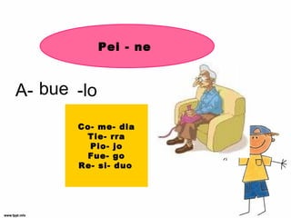 bueA- -lo
Co- me- dia
Tie- rra
Pio- jo
Fue- go
Re- si- duo
Pei - ne
 