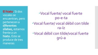 El hiato. Si dos
vocales se
encuentran, pero
pertenecen a
diferentes
sílabas, estamos
frente a un
hiato. Este se
produce de tres
maneras:
Vocal fuerte/ vocal fuerte
po-e-ta
Vocal fuerte/ vocal débil con tilde
ra-íz
Vocal débil con tilde/vocal fuerte
grú-a
 