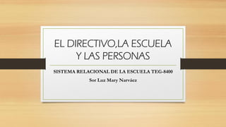 EL DIRECTIVO,LA ESCUELA
Y LAS PERSONAS
SISTEMA RELACIONAL DE LA ESCUELA TEG-8400
Sor Luz Mary Narváez
 